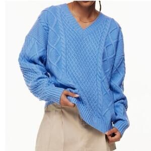 Aritzia Sunday Best Peggy V-Neck Cable-Knit Sweater Small Azurine Blue EUC